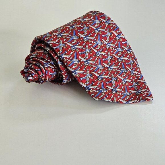 Beaufort Tie Rack Silk Tie Italy Red Multicolor Airplanes Clouds AOP W3.75 L59.5 - Picture 16 of 16